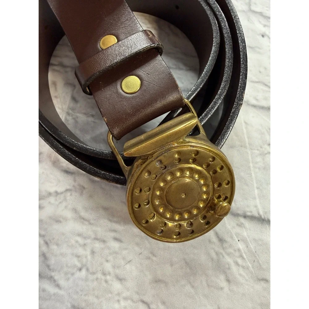 Vineyard Vines Belt Mens 38 Brown Good Fly Fishing Reel Buckle Leather USA Made